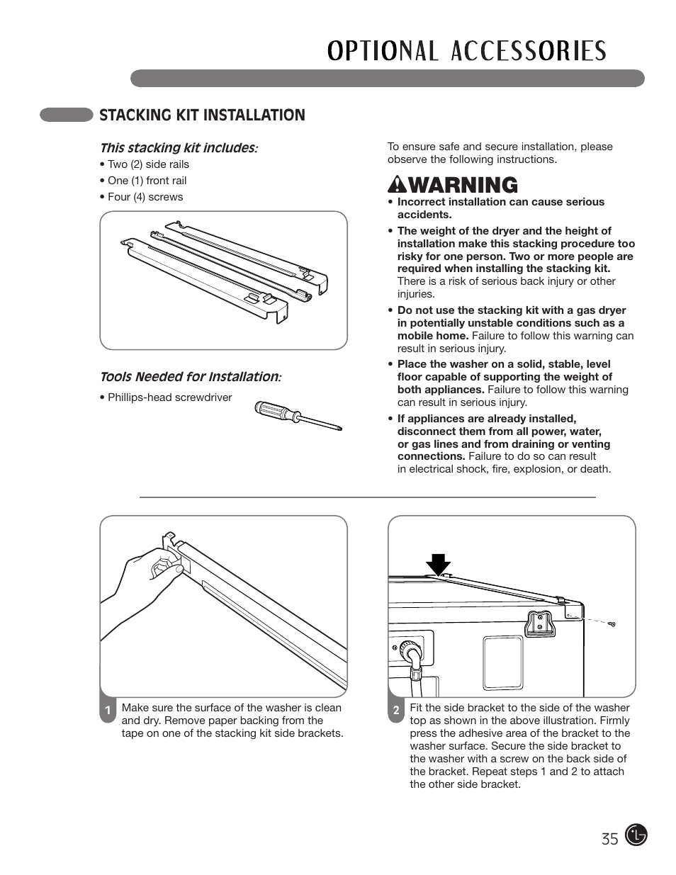 Wwarning, Stacking kit installation | LG DLE1310W User Manual | Page 35 / 76