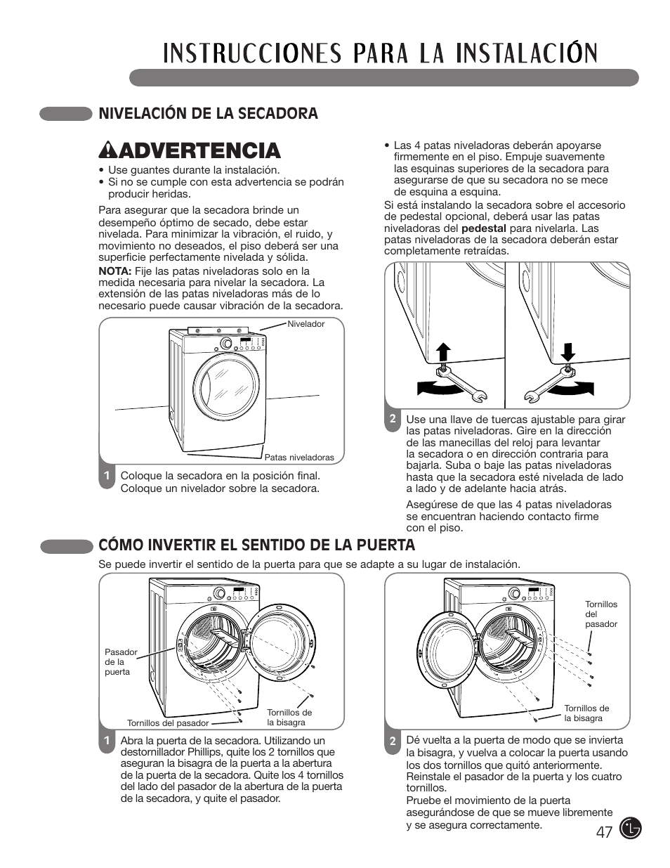 Wadvertencia, Cómo invertir el sentido de la puerta, Nivelación de la secadora | LG DLE1310W User Manual | Page 47 / 76