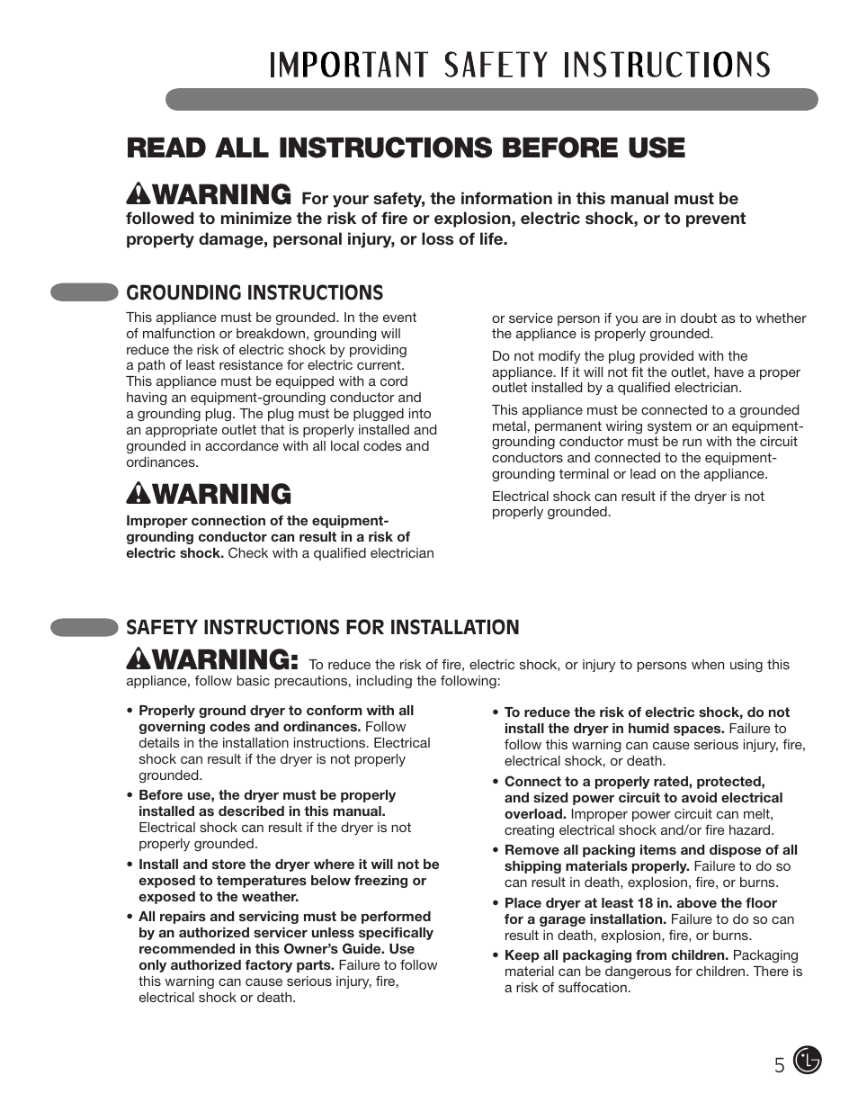 Wwarning, Read all instructions before use, Grounding instructions 5 | Safety instructions for installation | LG DLE1310W User Manual | Page 5 / 76