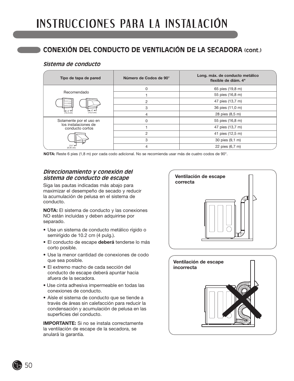 Cont.), Sistema de conducto | LG DLE1310W User Manual | Page 50 / 76