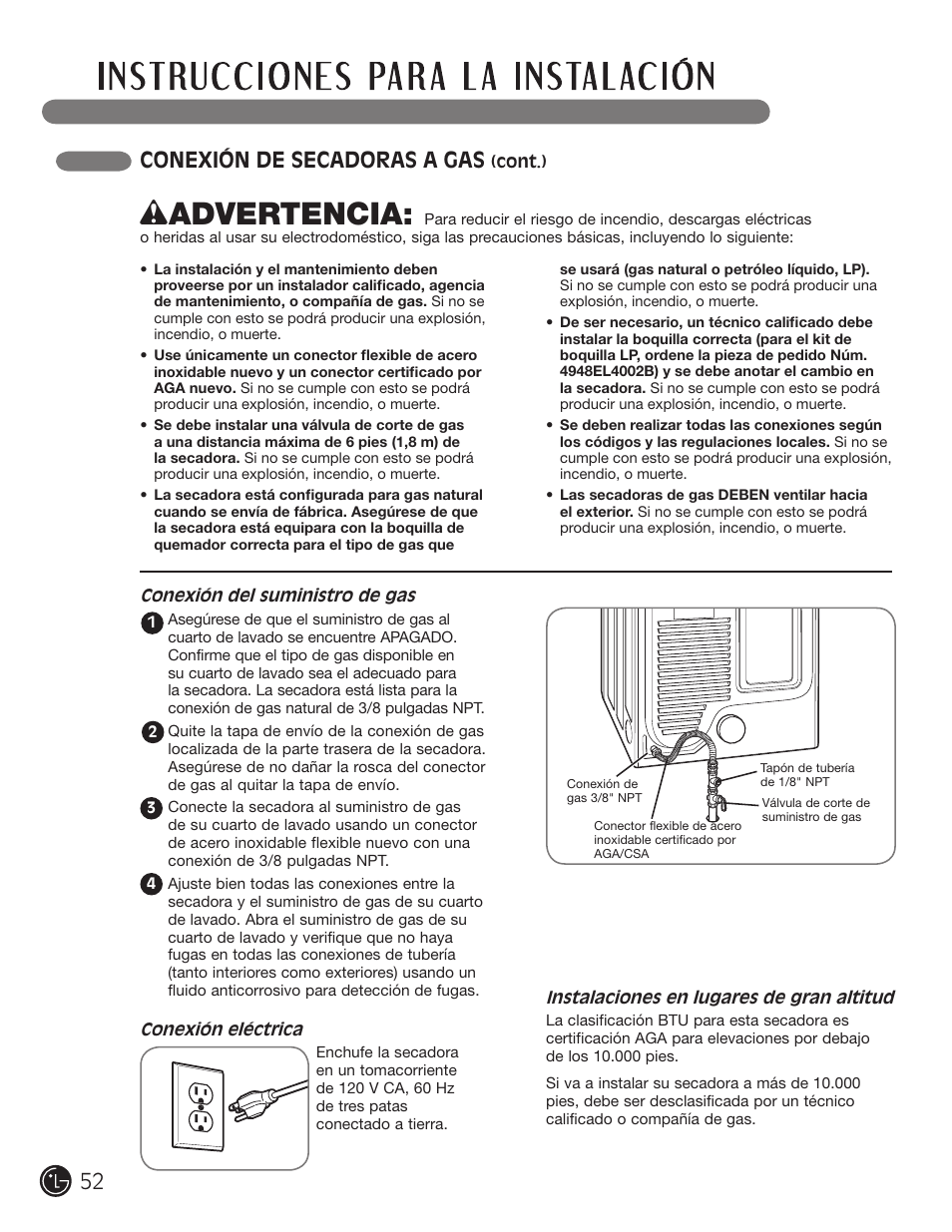Wadvertencia, Conexión de secadoras a gas | LG DLE1310W User Manual | Page 52 / 76