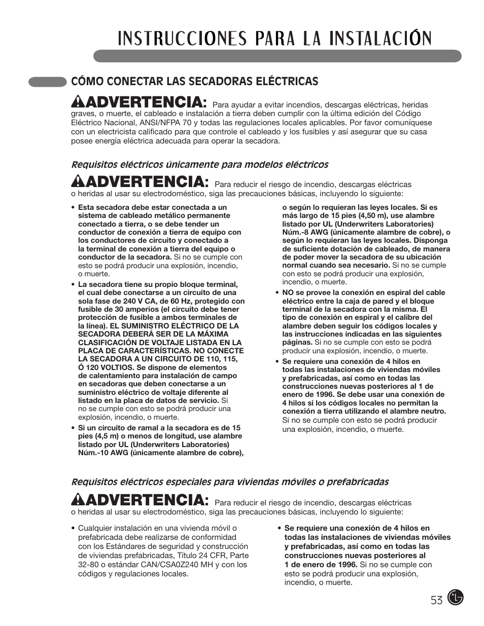 Wadvertencia, Cómo conectar las secadoras eléctricas | LG DLE1310W User Manual | Page 53 / 76