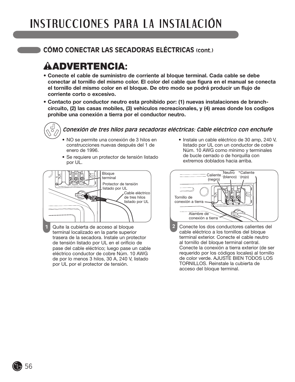 Wadvertencia, Cómo conectar las secadoras eléctricas | LG DLE1310W User Manual | Page 56 / 76
