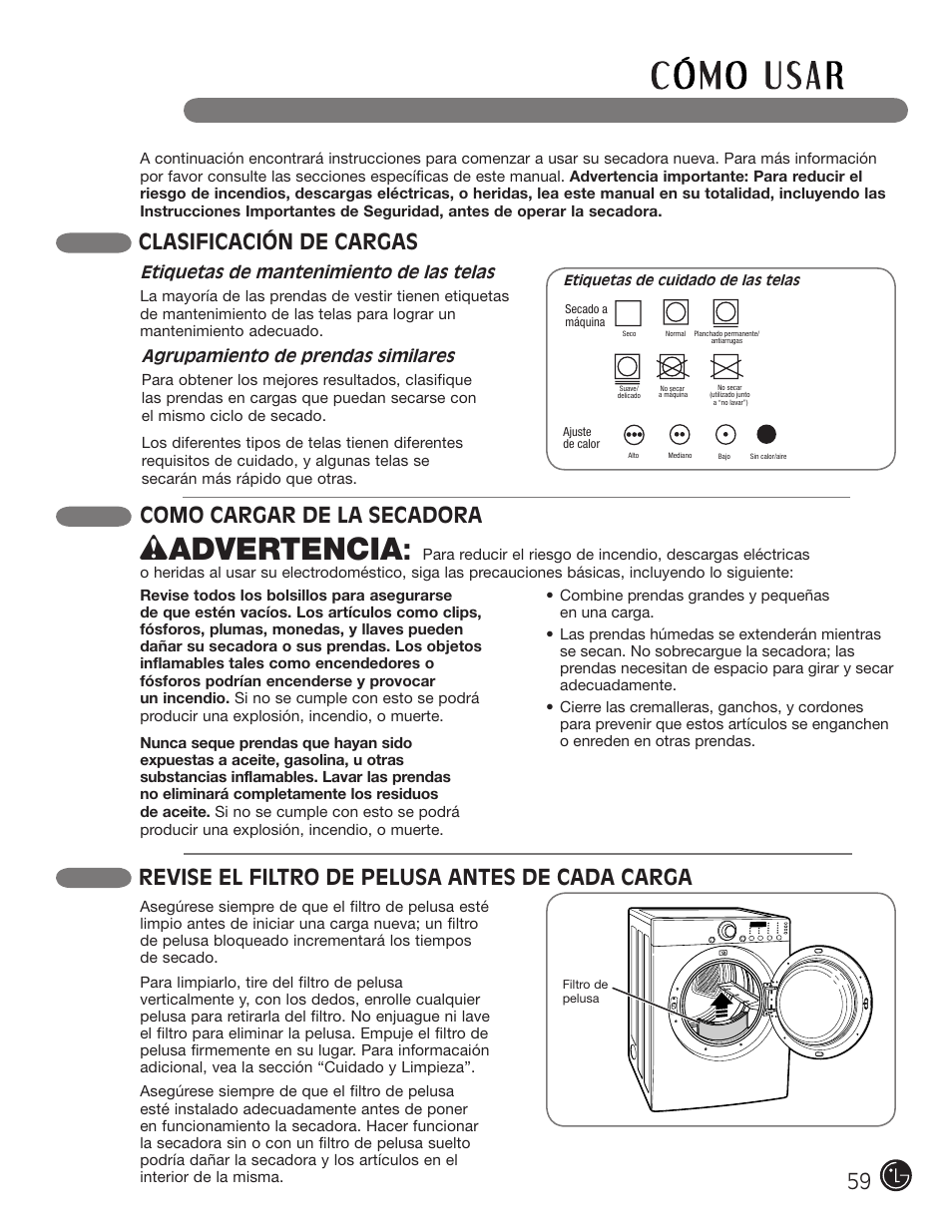 Wadvertencia, Como cargar de la secadora, Clasificación de cargas | Revise el filtro de pelusa antes de cada carga | LG DLE1310W User Manual | Page 59 / 76