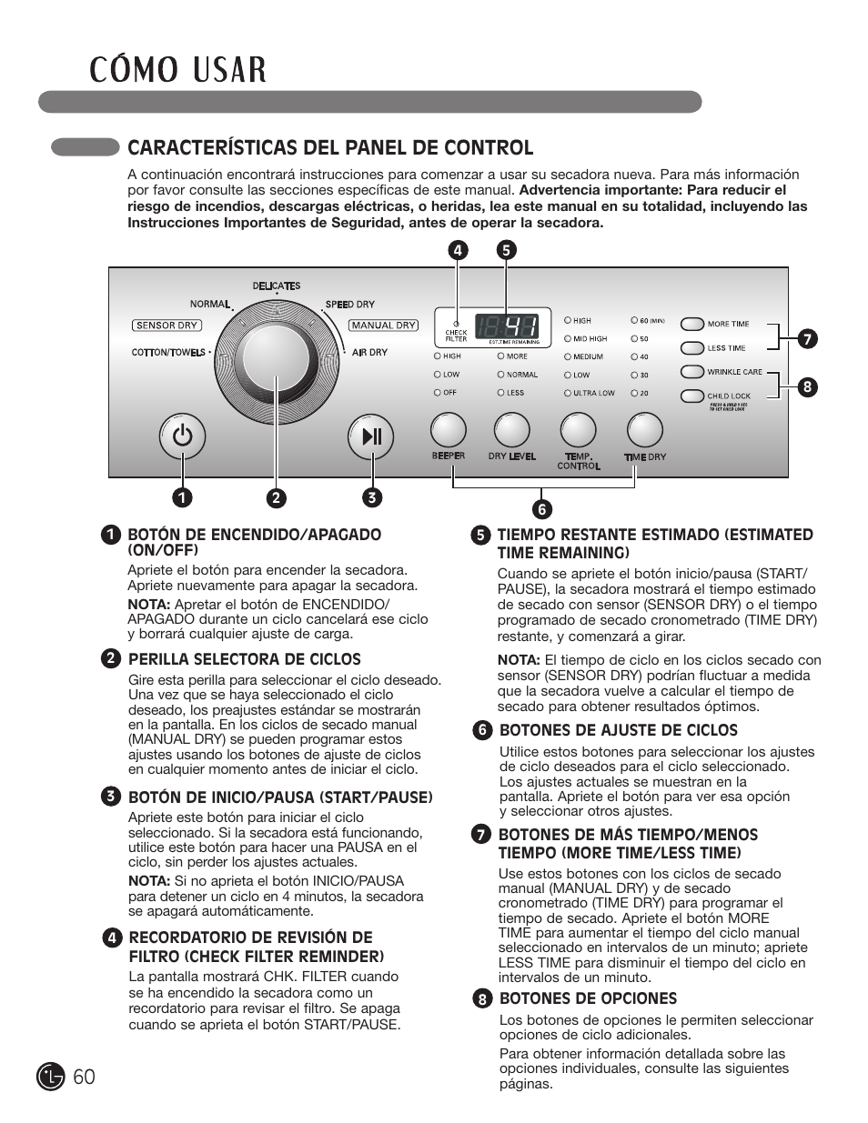 Características del panel de control | LG DLE1310W User Manual | Page 60 / 76