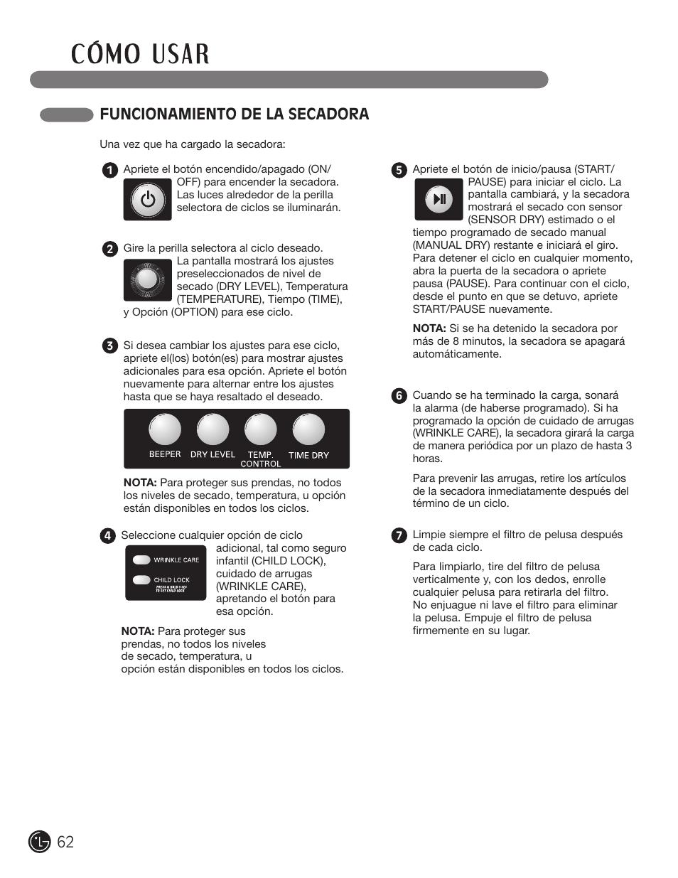 Funcionamiento de la secadora | LG DLE1310W User Manual | Page 62 / 76