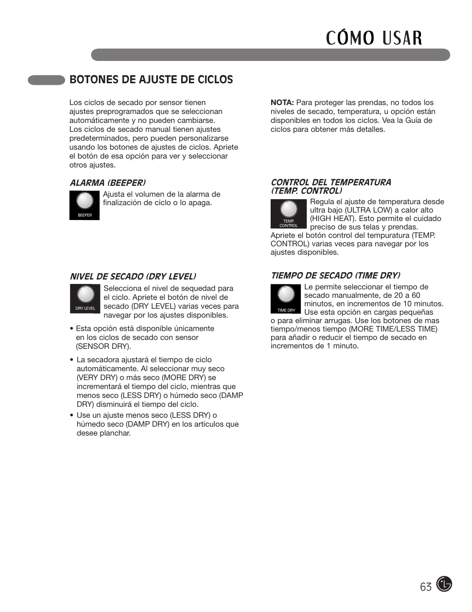 Botones de ajuste de ciclos | LG DLE1310W User Manual | Page 63 / 76