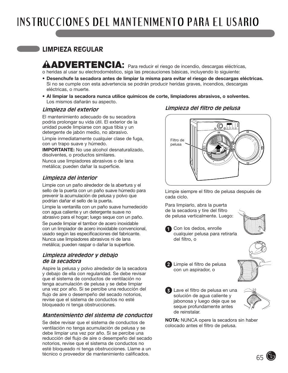 Wadvertencia, Limpieza regular | LG DLE1310W User Manual | Page 65 / 76