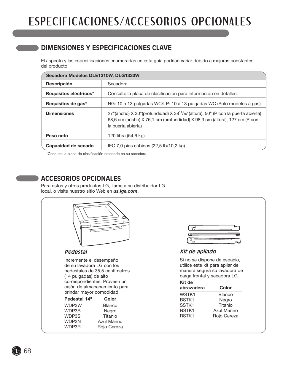 Dimensiones y especificaciones clave, Accesorios opcionales | LG DLE1310W User Manual | Page 68 / 76