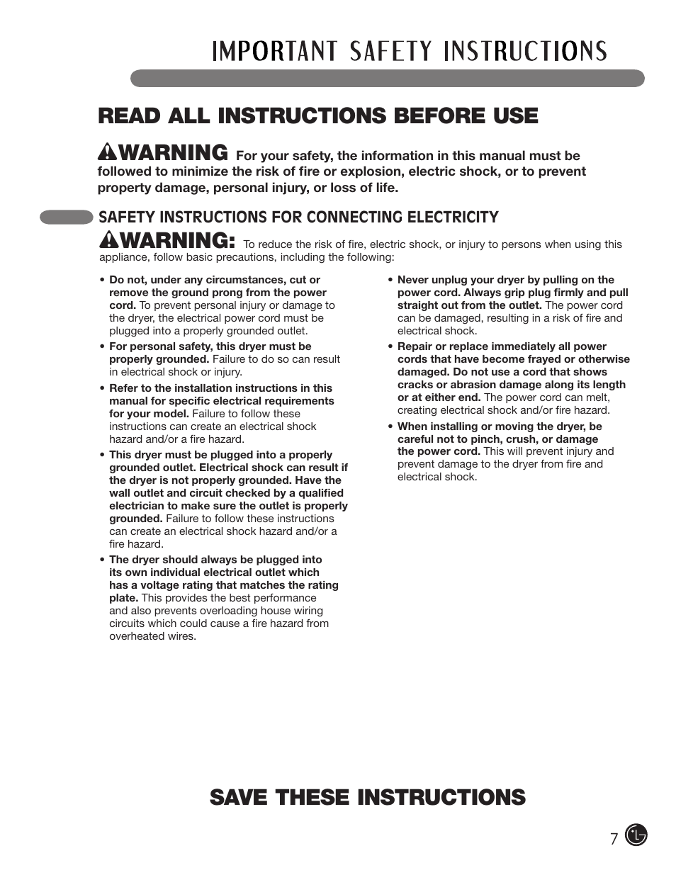 Save these instructions, Wwarning, Read all instructions before use w warning | 7safety instructions for connecting electricity | LG DLE1310W User Manual | Page 7 / 76