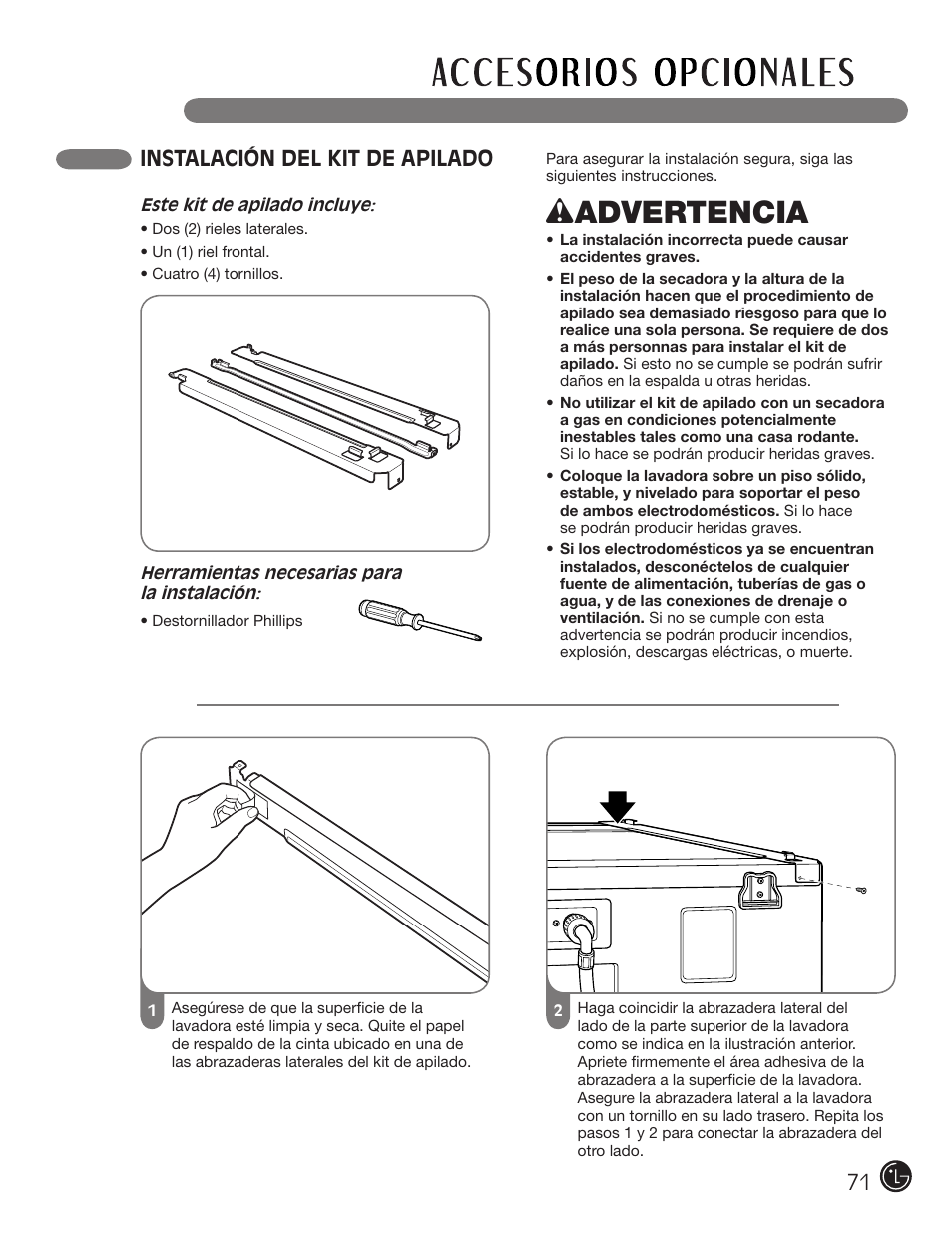 Wadvertencia, Instalación del kit de apilado | LG DLE1310W User Manual | Page 71 / 76