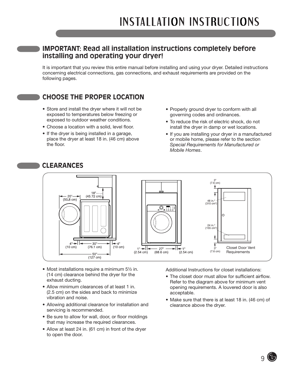 Choose the proper location, Clearances | LG DLE1310W User Manual | Page 9 / 76