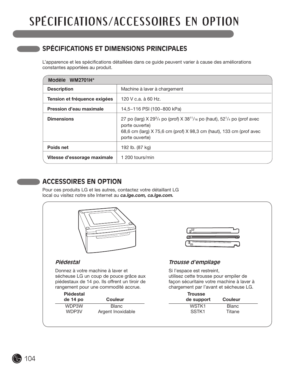 Spécifications et dimensions principales, Accessoires en option | LG WM2701HV User Manual | Page 104 / 108