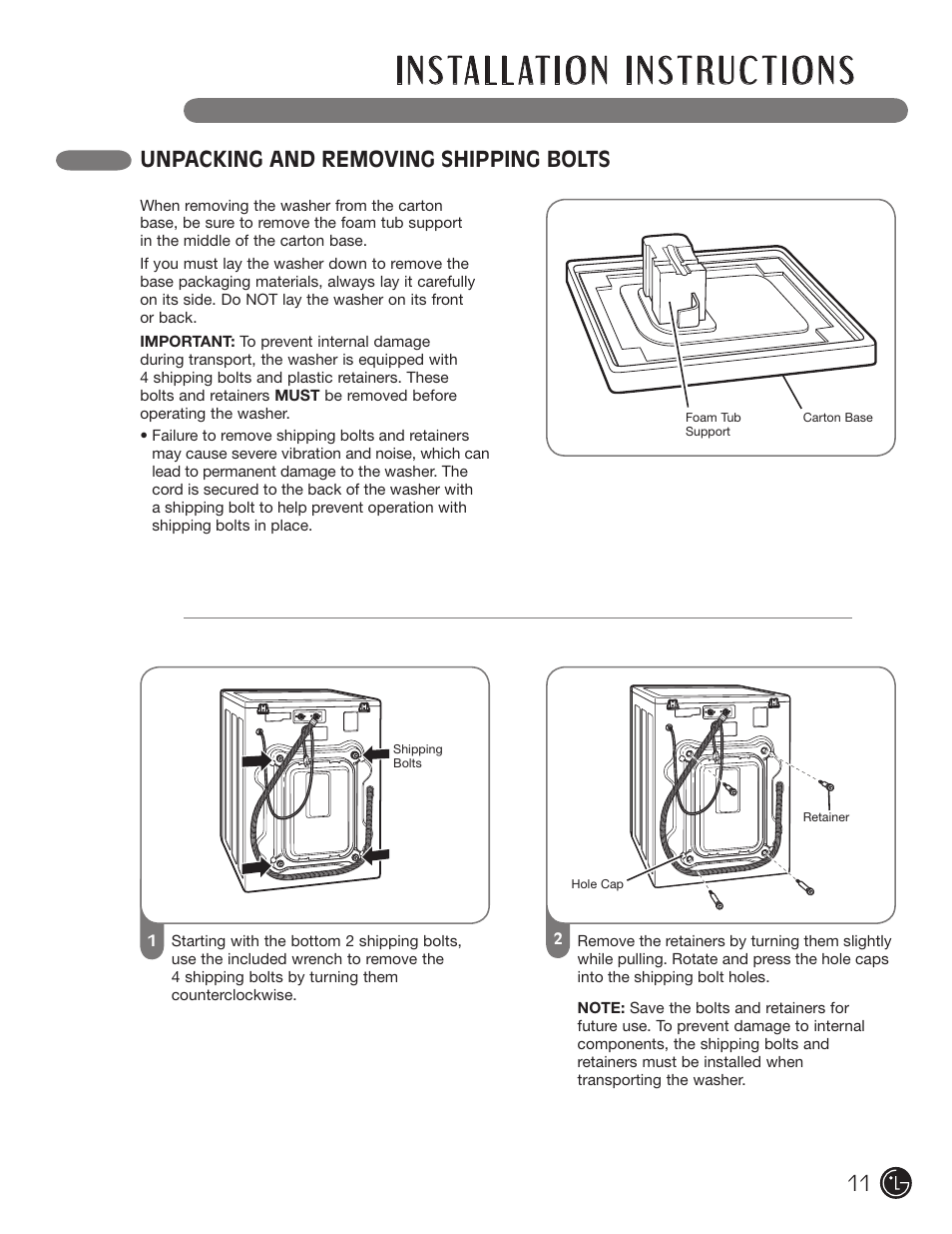 Unpacking and removing shipping bolts 11 | LG WM2701HV User Manual | Page 11 / 108