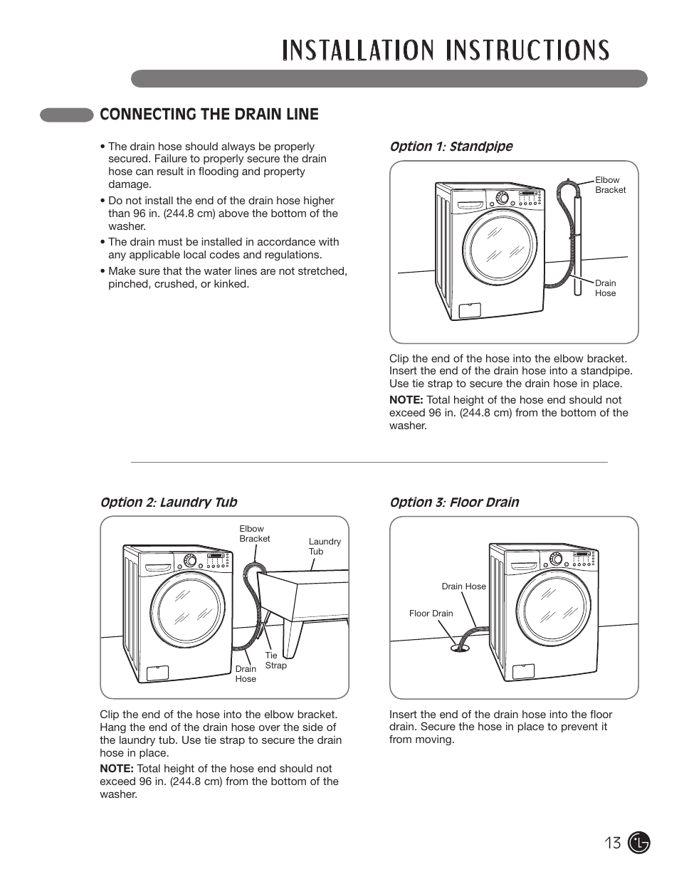 Connecting the drain line | LG WM2701HV User Manual | Page 13 / 108