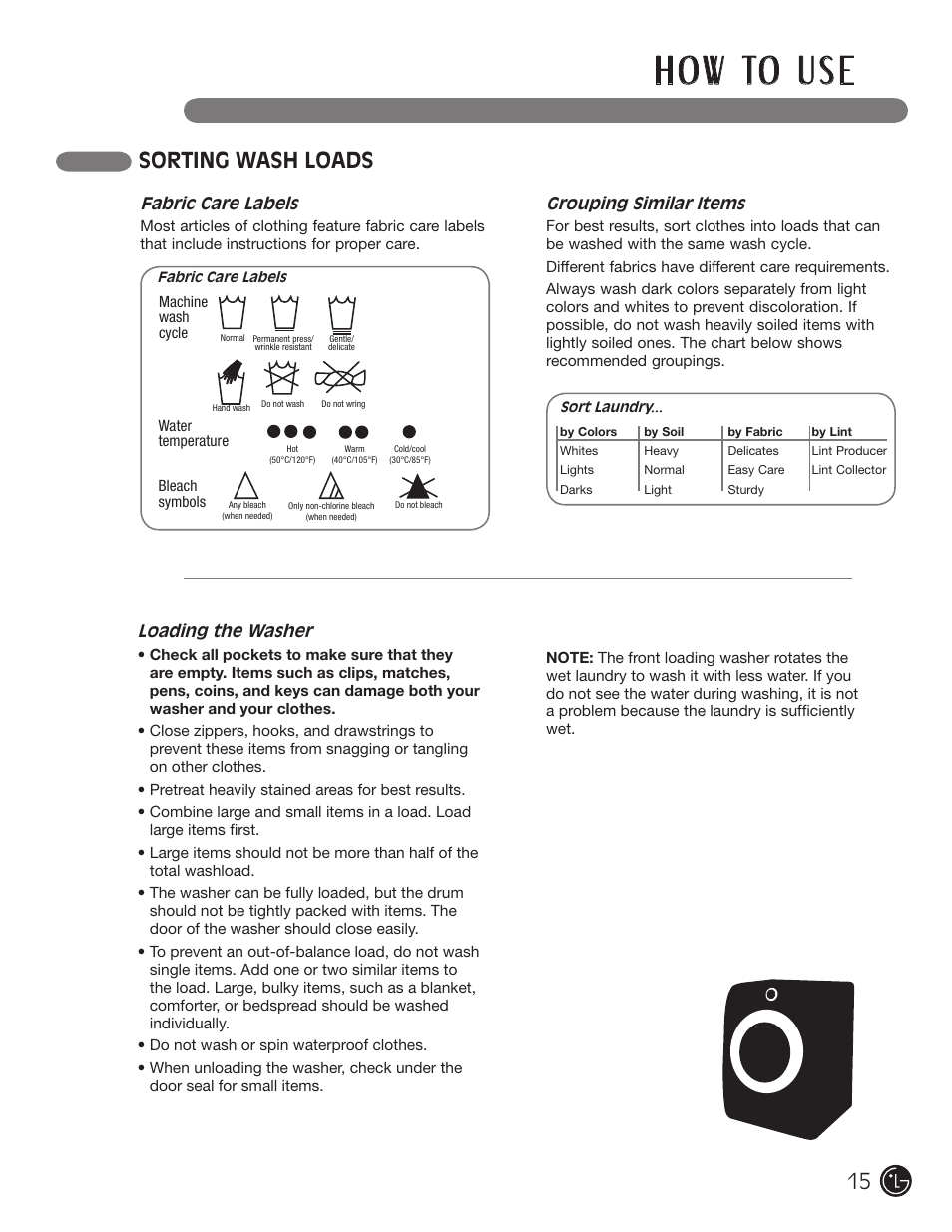 H o w to u s e, Sorting wash loads | LG WM2701HV User Manual | Page 15 / 108