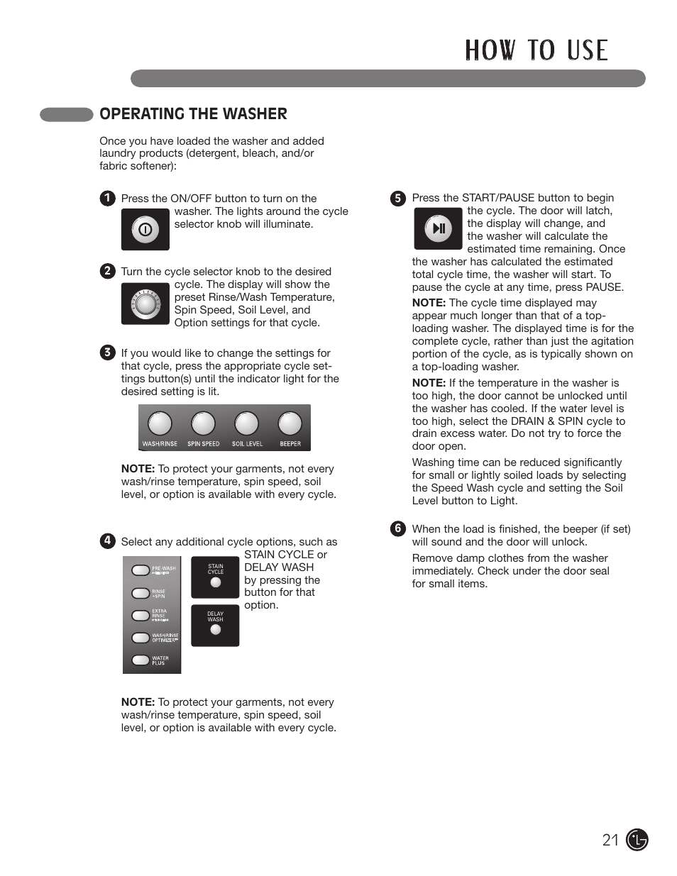 H o w to u s e, Operating the washer | LG WM2701HV User Manual | Page 21 / 108