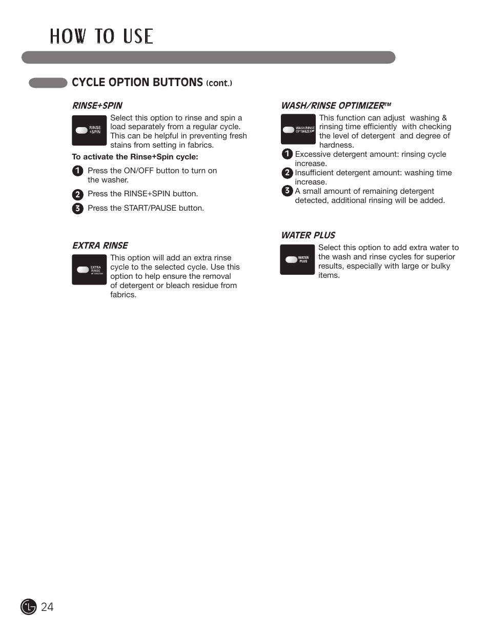 H o w to u s e, Cycle option buttons | LG WM2701HV User Manual | Page 24 / 108