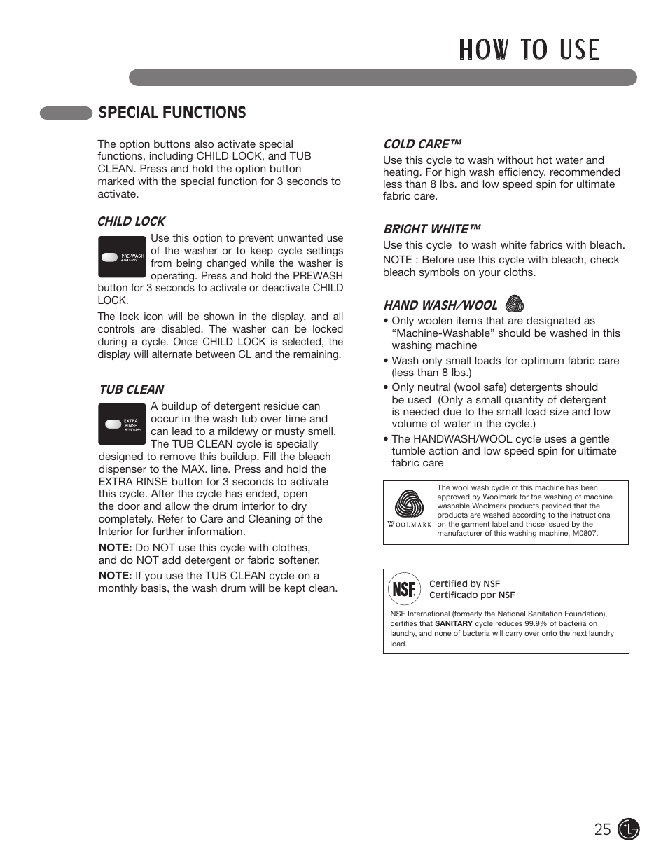 H o w to u s e, Special functions | LG WM2701HV User Manual | Page 25 / 108