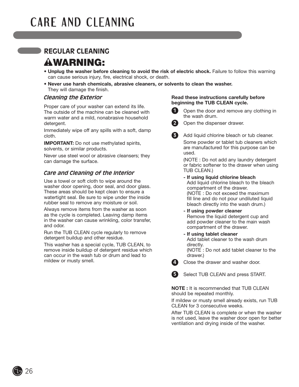 Wwarning, Regular cleaning | LG WM2701HV User Manual | Page 26 / 108