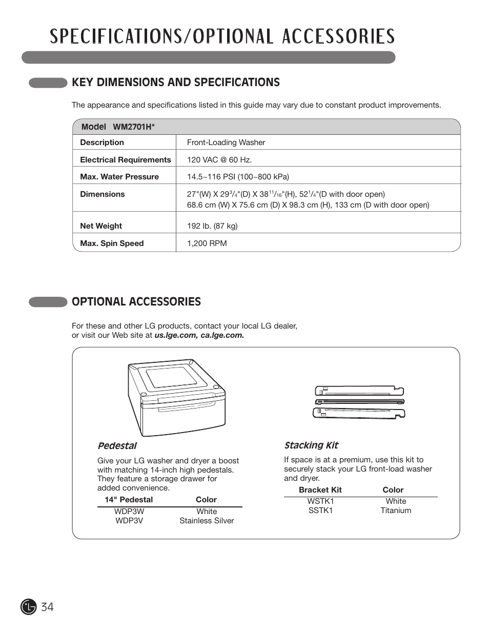 Key dimensions and specifications, Optional accessories | LG WM2701HV User Manual | Page 34 / 108