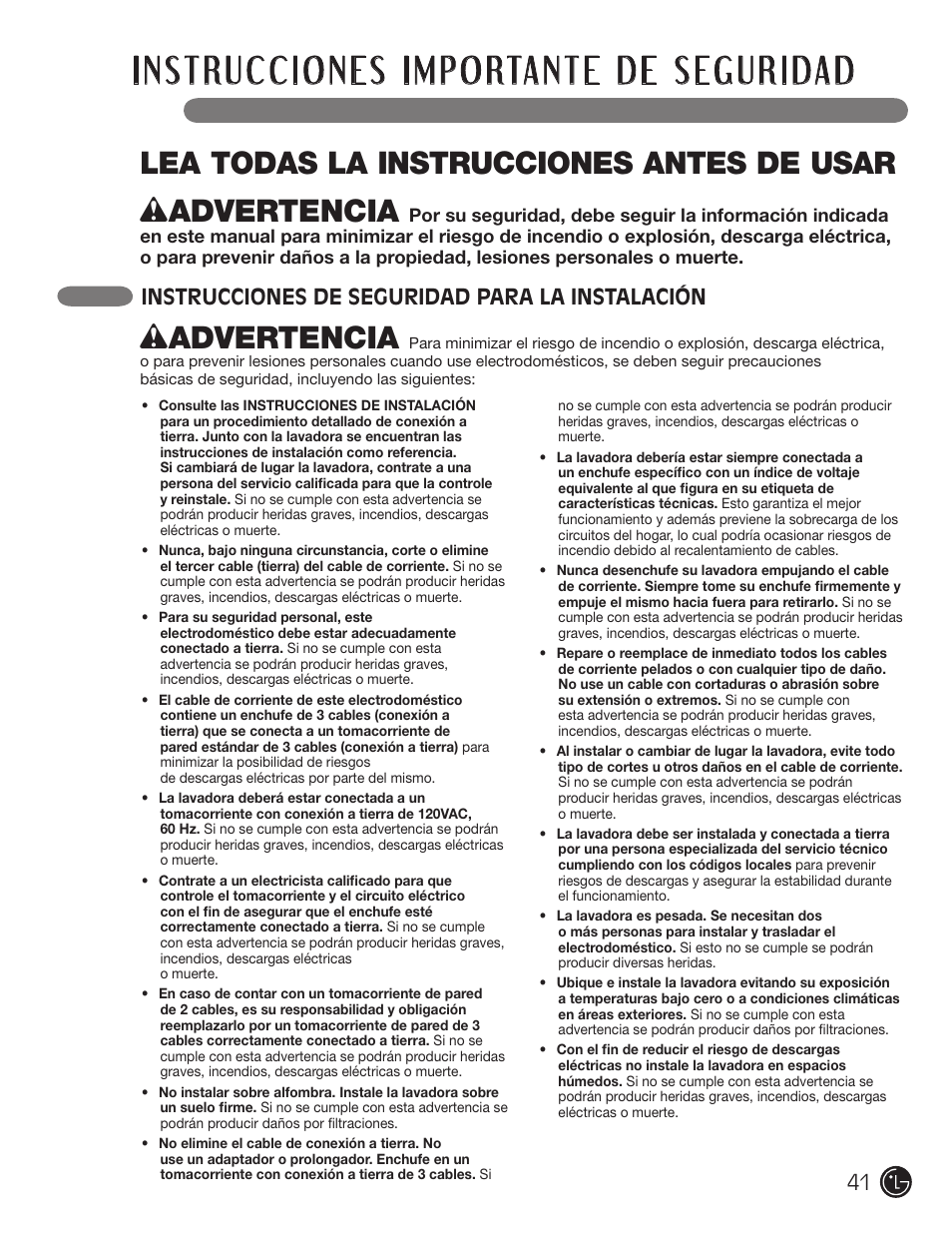 Wadvertencia, Lea todas la instrucciones antes de usar, Instrucciones de seguridad para la instalación | LG WM2701HV User Manual | Page 41 / 108
