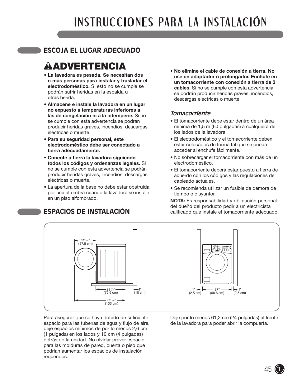 Wadvertencia, Escoja el lugar adecuado espacios de instalación | LG WM2701HV User Manual | Page 45 / 108
