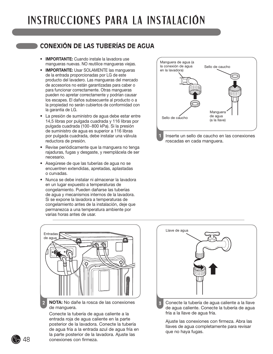 Conexión de las tuberías de agua | LG WM2701HV User Manual | Page 48 / 108