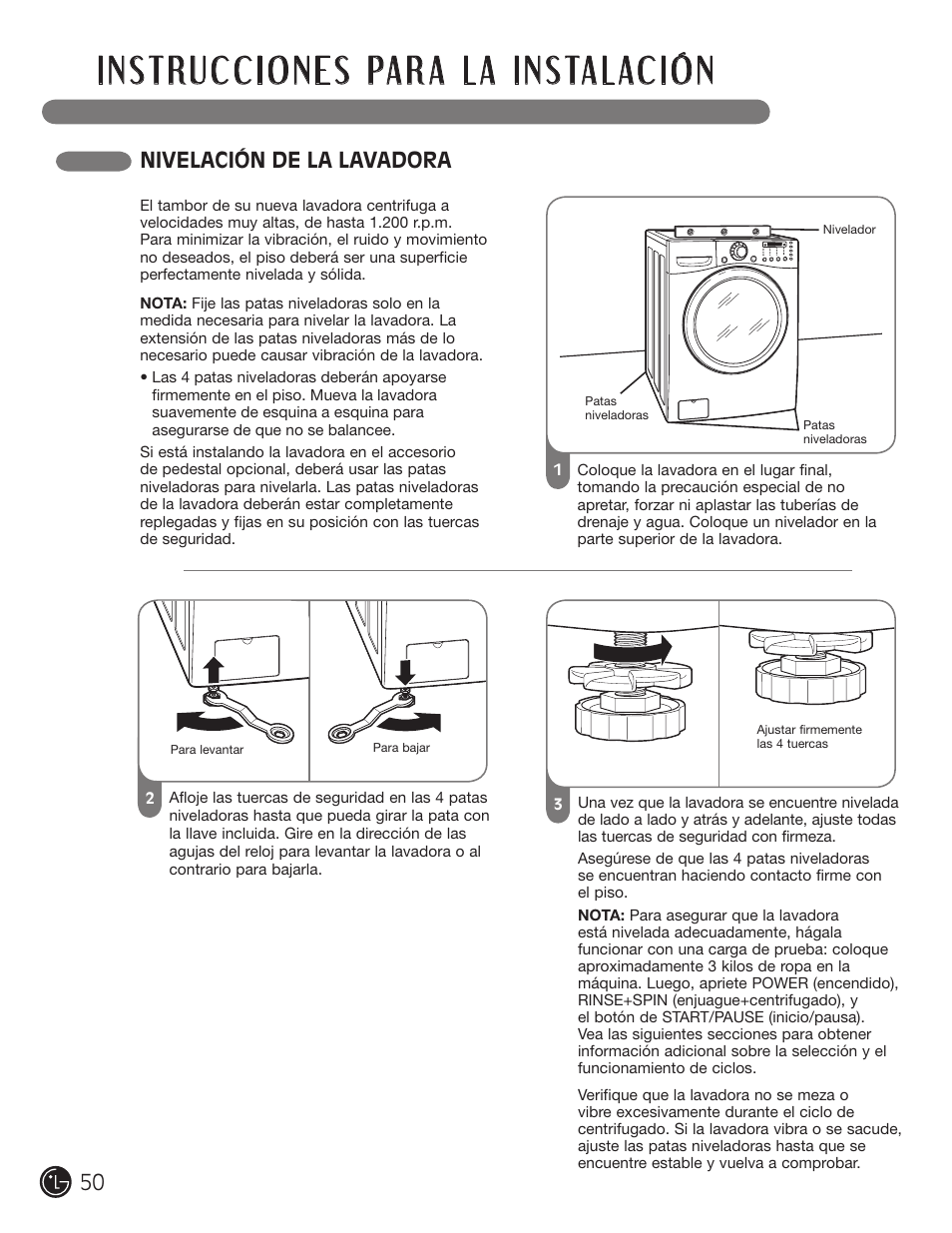 Nivelación de la lavadora | LG WM2701HV User Manual | Page 50 / 108