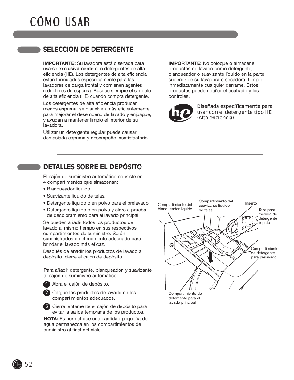Selección de detergente detalles sobre el depósito | LG WM2701HV User Manual | Page 52 / 108