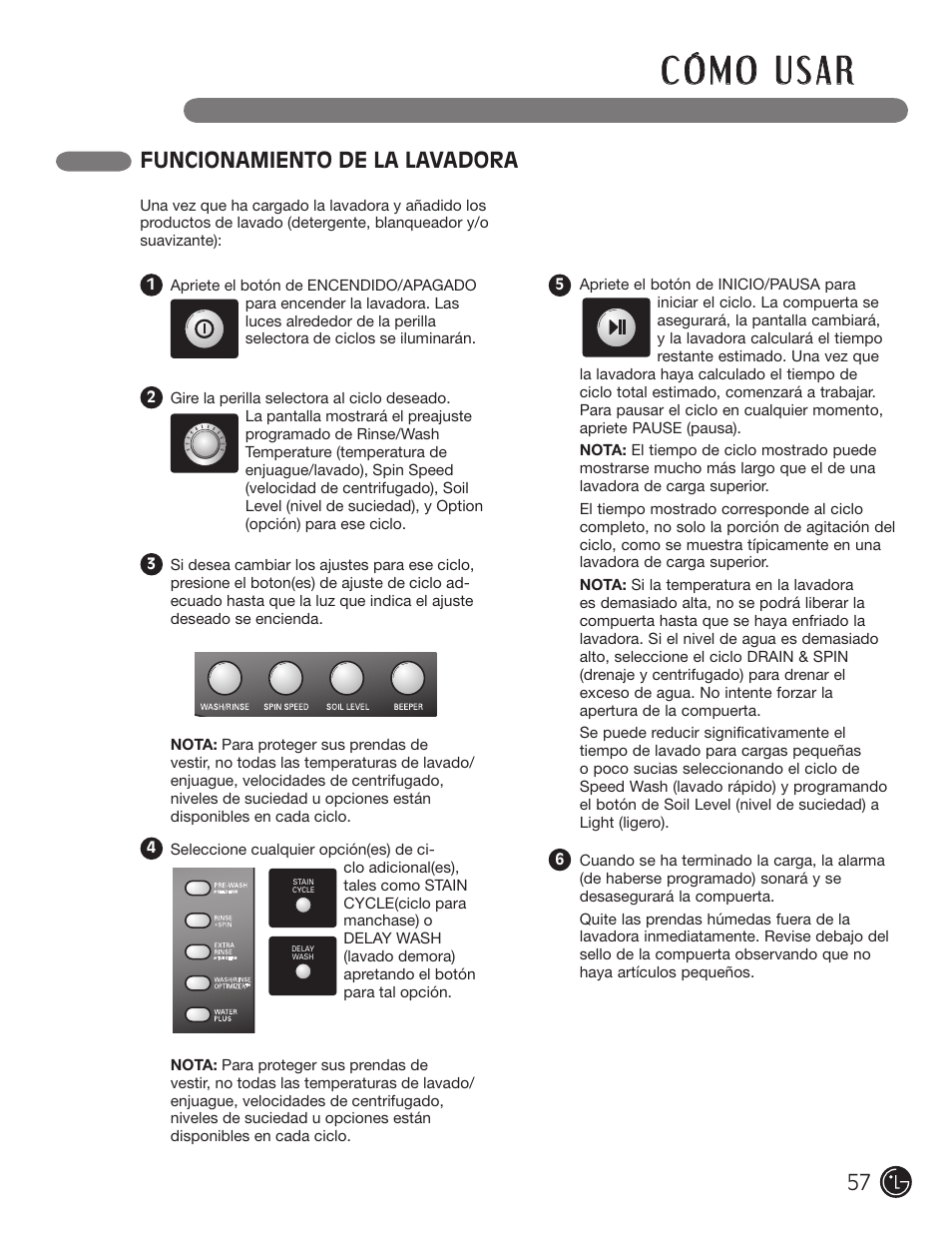Funcionamiento de la lavadora | LG WM2701HV User Manual | Page 57 / 108