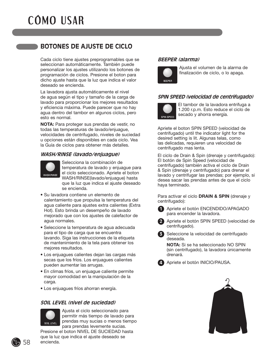 Botones de ajuste de ciclo | LG WM2701HV User Manual | Page 58 / 108