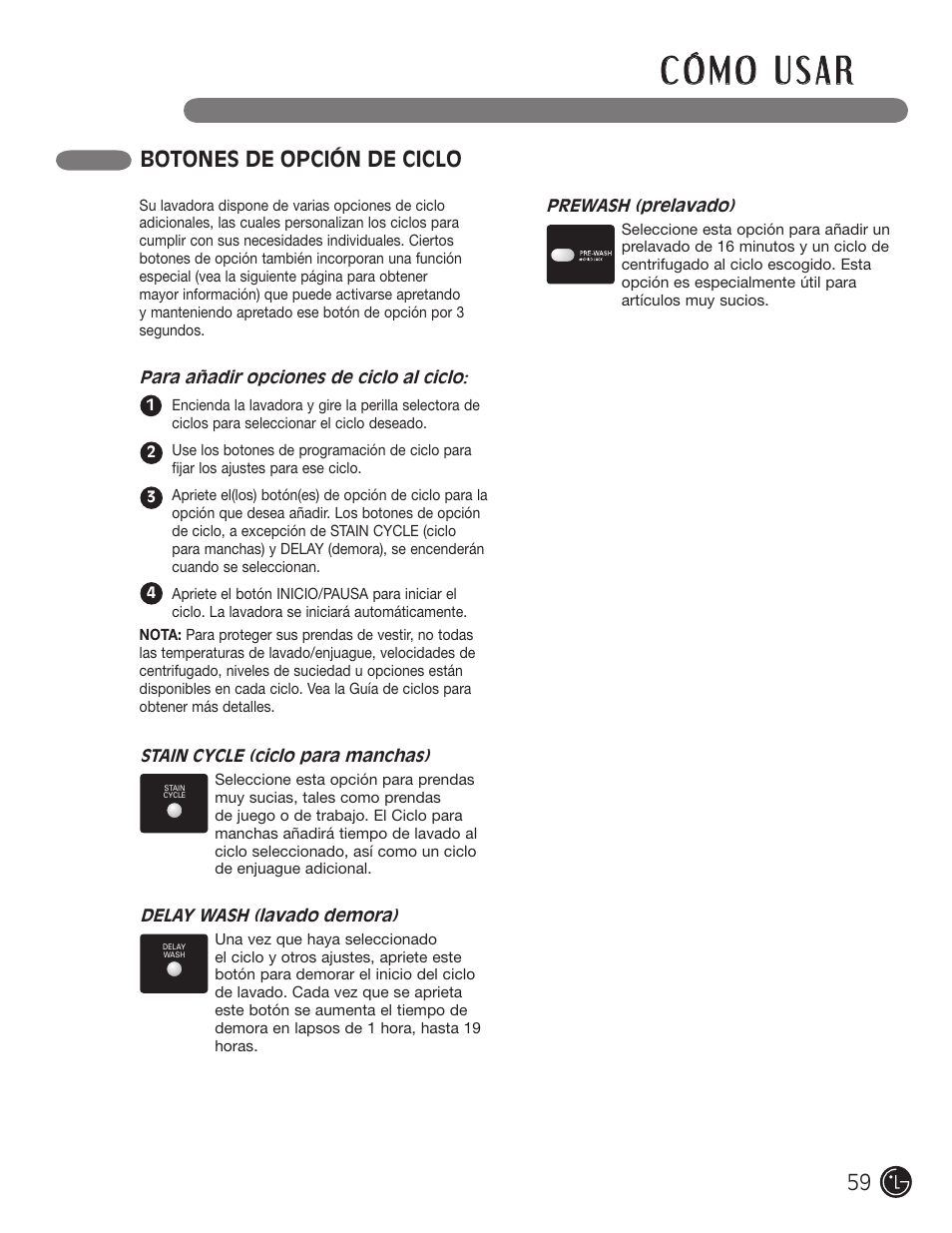 Botones de opción de ciclo | LG WM2701HV User Manual | Page 59 / 108