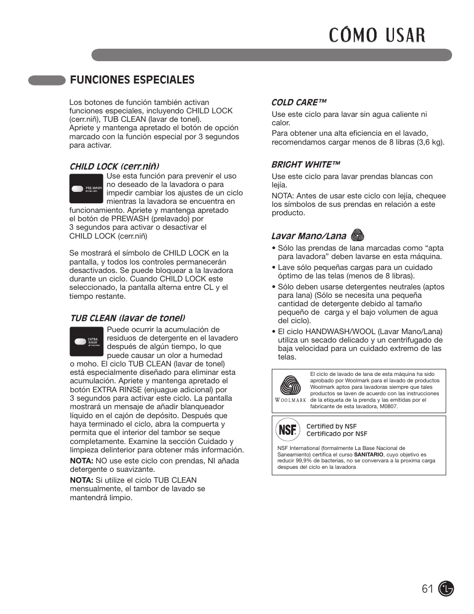Funciones especiales | LG WM2701HV User Manual | Page 61 / 108