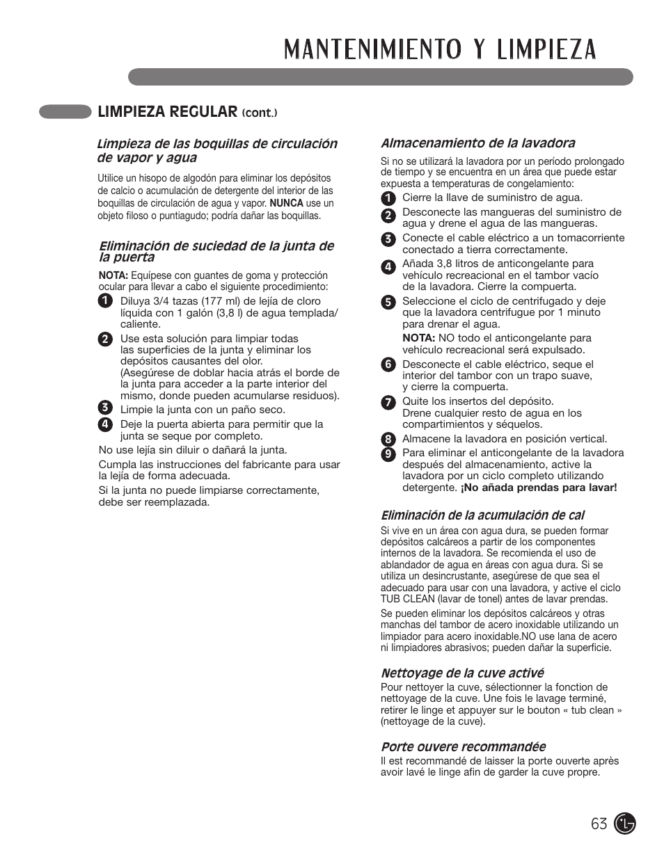 Limpieza regular | LG WM2701HV User Manual | Page 63 / 108