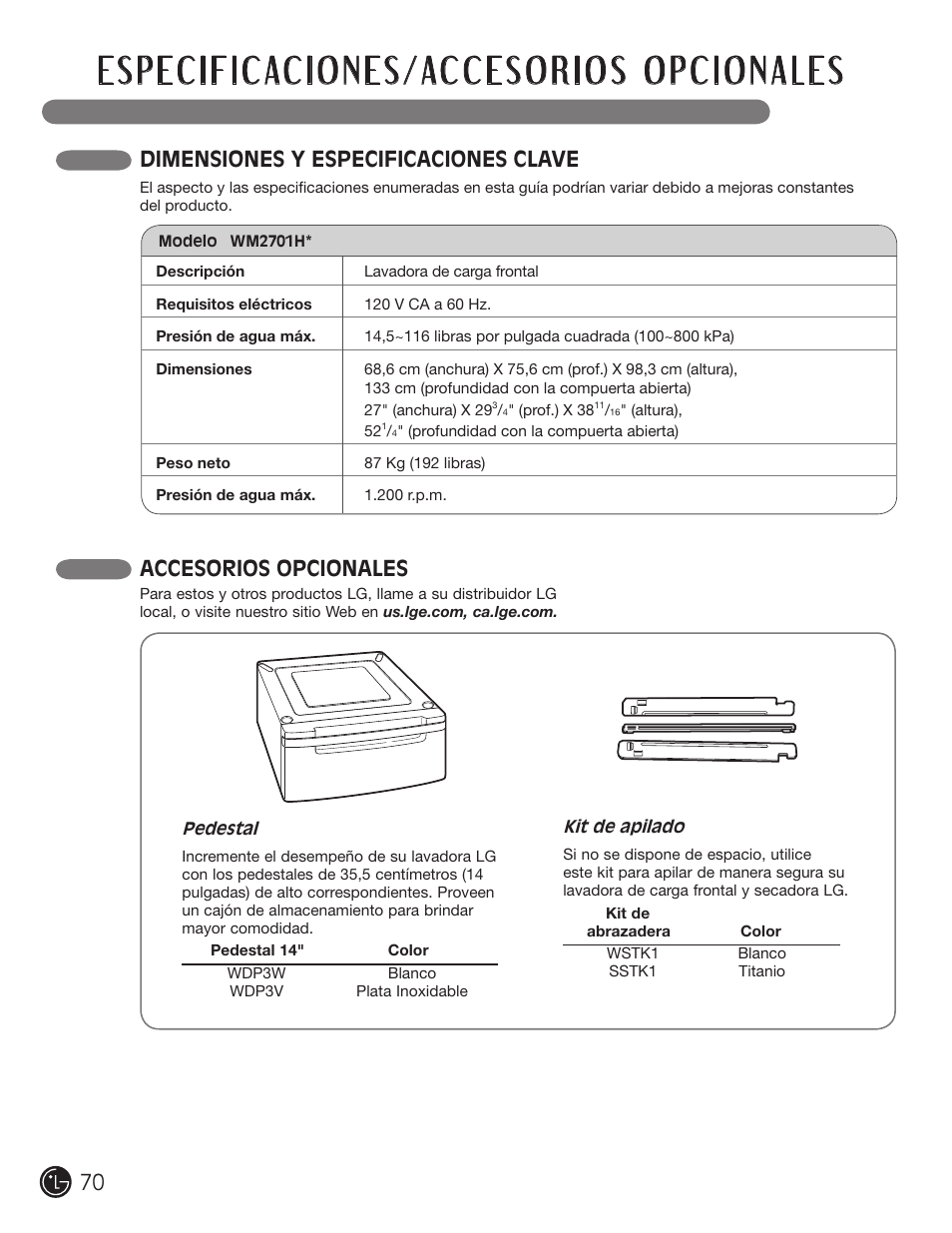 Dimensiones y especificaciones clave, Accesorios opcionales | LG WM2701HV User Manual | Page 70 / 108