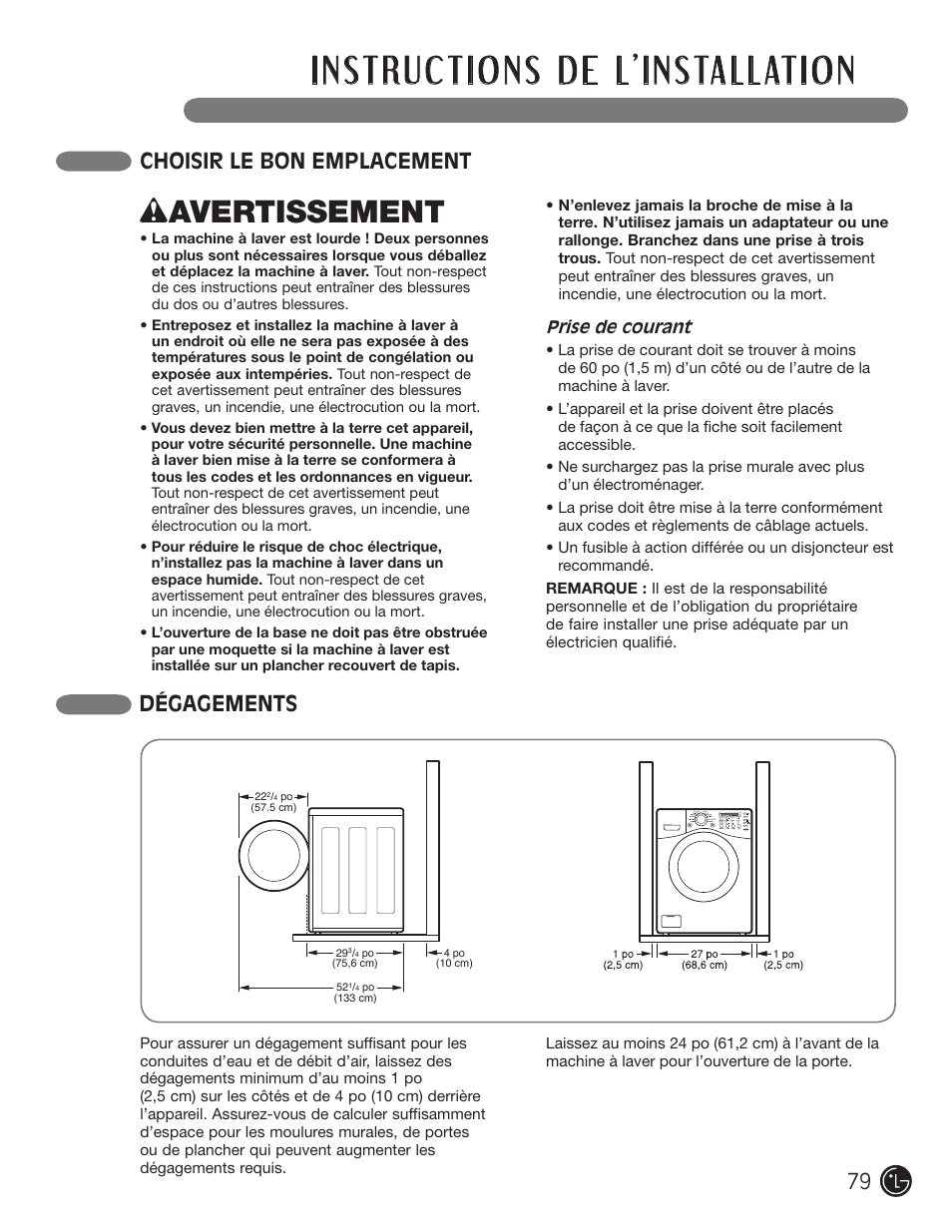 Wavertissement, Choisir le bon emplacement dégagements | LG WM2701HV User Manual | Page 79 / 108