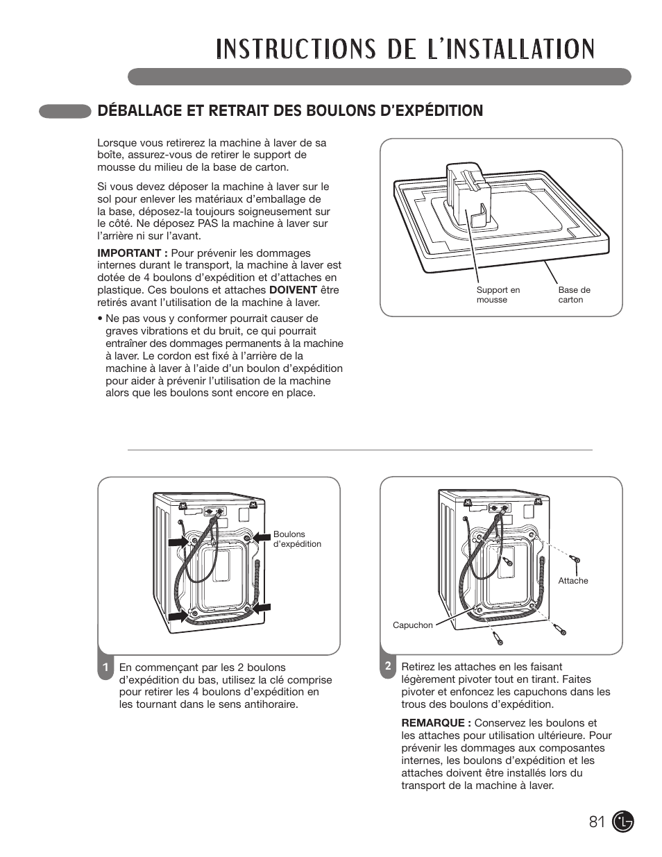 Déballage et retrait des boulons d’expédition | LG WM2701HV User Manual | Page 81 / 108