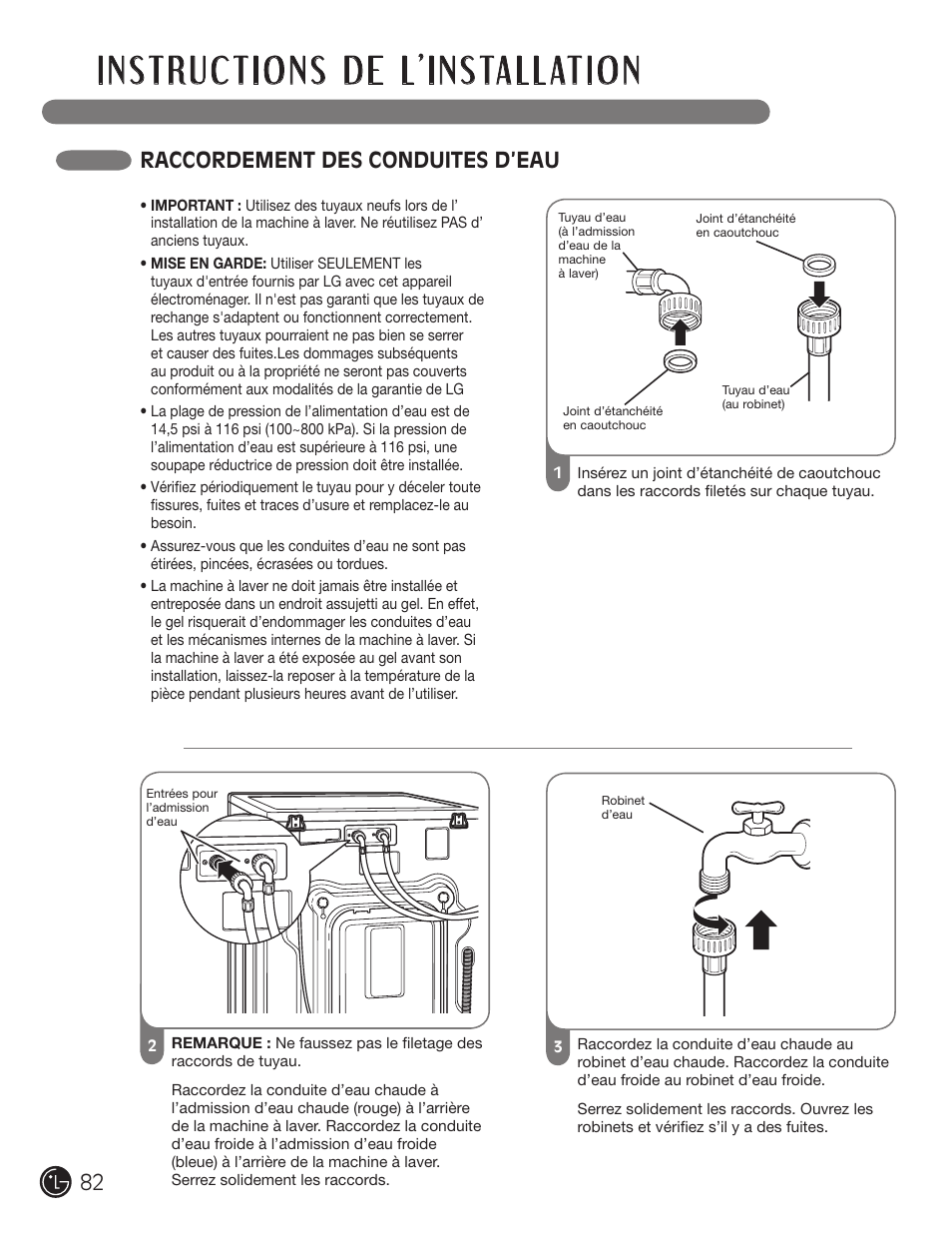 Raccordement des conduites d’eau | LG WM2701HV User Manual | Page 82 / 108