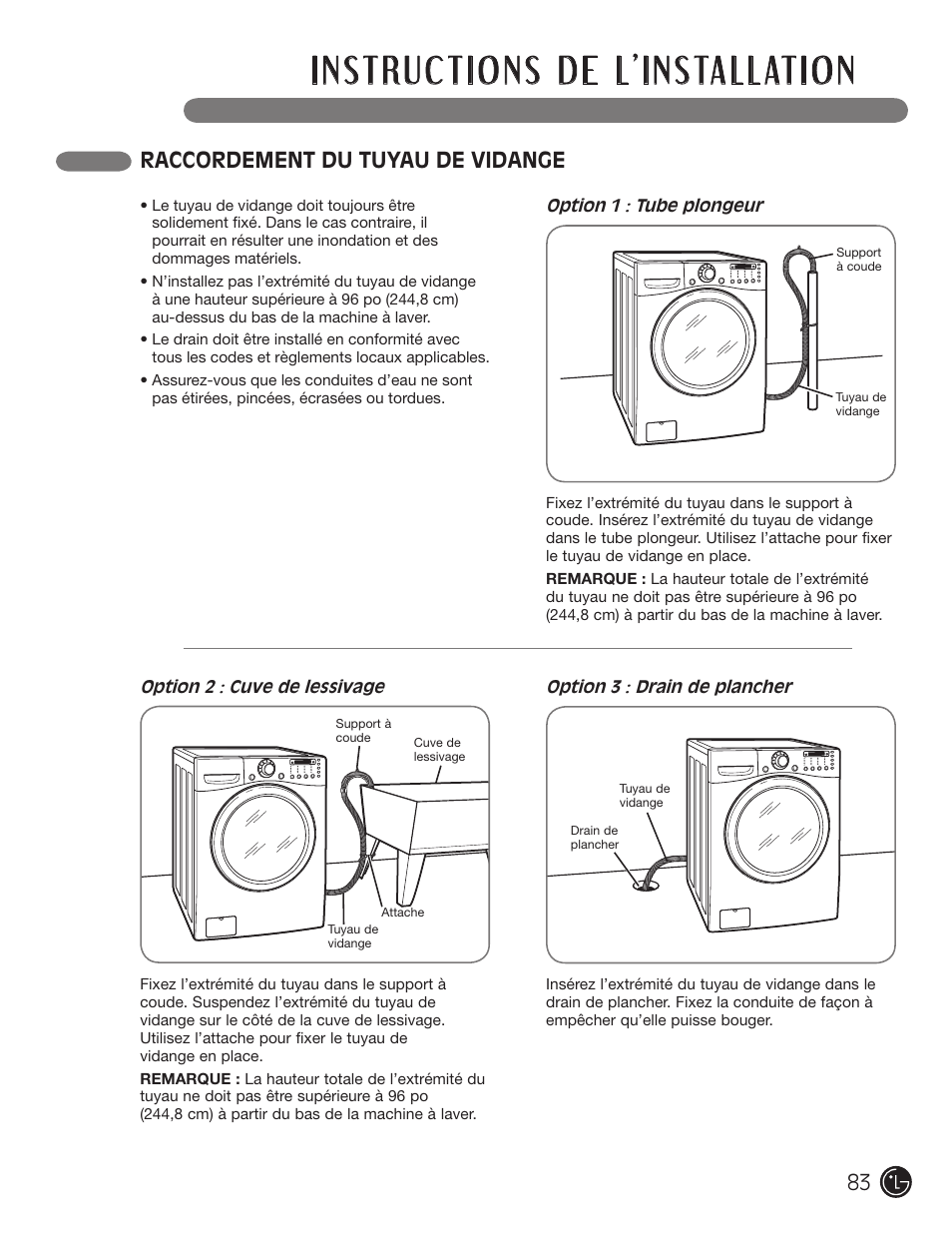 Raccordement du tuyau de vidange | LG WM2701HV User Manual | Page 83 / 108