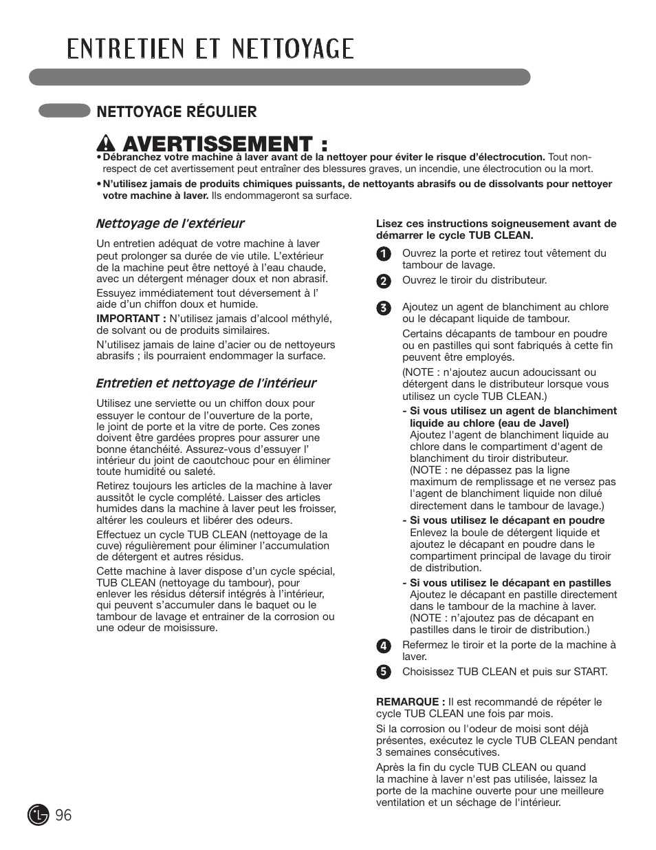 Wavertissement, Nettoyage régulier | LG WM2701HV User Manual | Page 96 / 108
