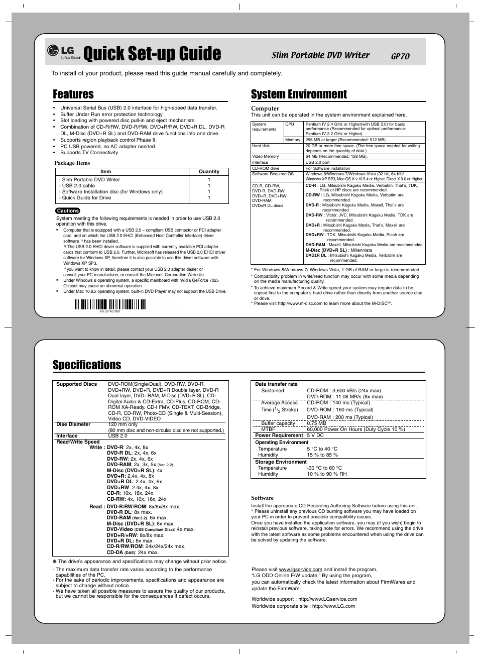 Quick set-up guide, Features, System environment | Specifications, Slim portable dvd writer | LG GP70NS50 User Manual | Page 3 / 4