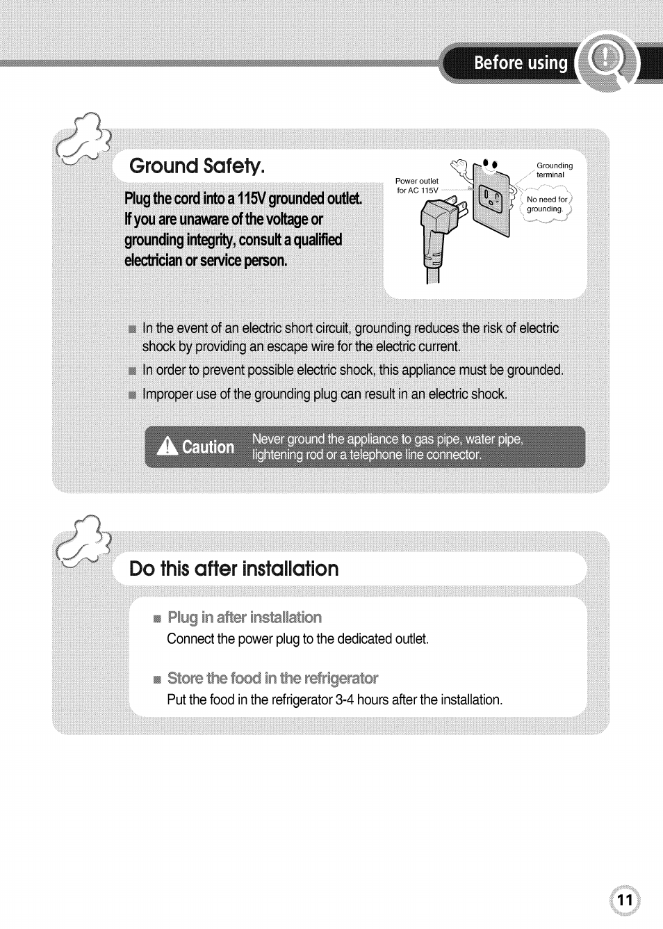 Ground safety, Do this after installation | LG GR-K09S User Manual | Page 11 / 31