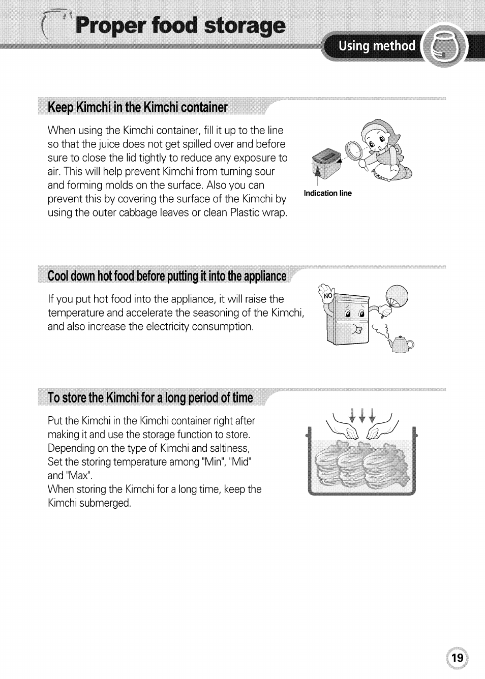 Proper food storage, Keep kimchi in the kimchi container, To store the kimchi for a long period of time | LG GR-K09S User Manual | Page 19 / 31