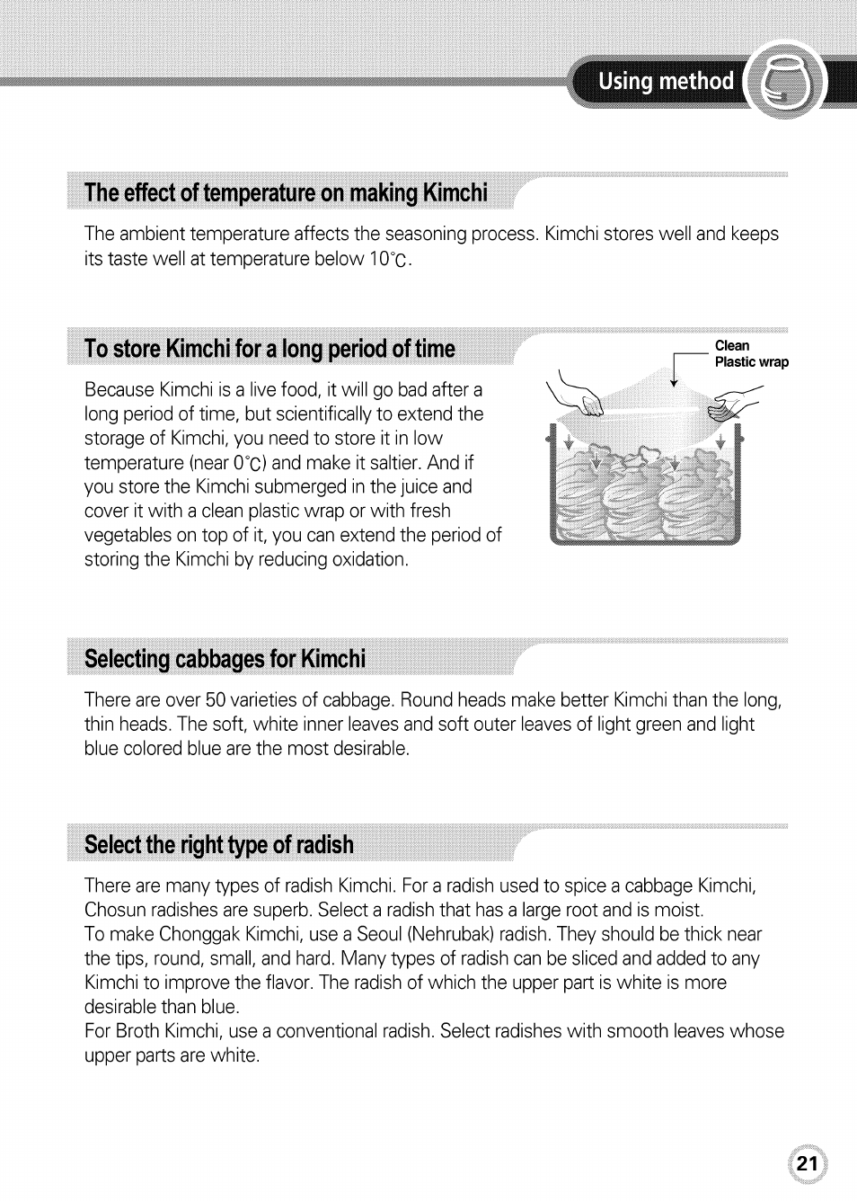 The effect of temperature on making kimchi, To store kimchi for a long period of time, Selecting cabbages for kimchi | Select the right type of radish, 0°c) | LG GR-K09S User Manual | Page 21 / 31