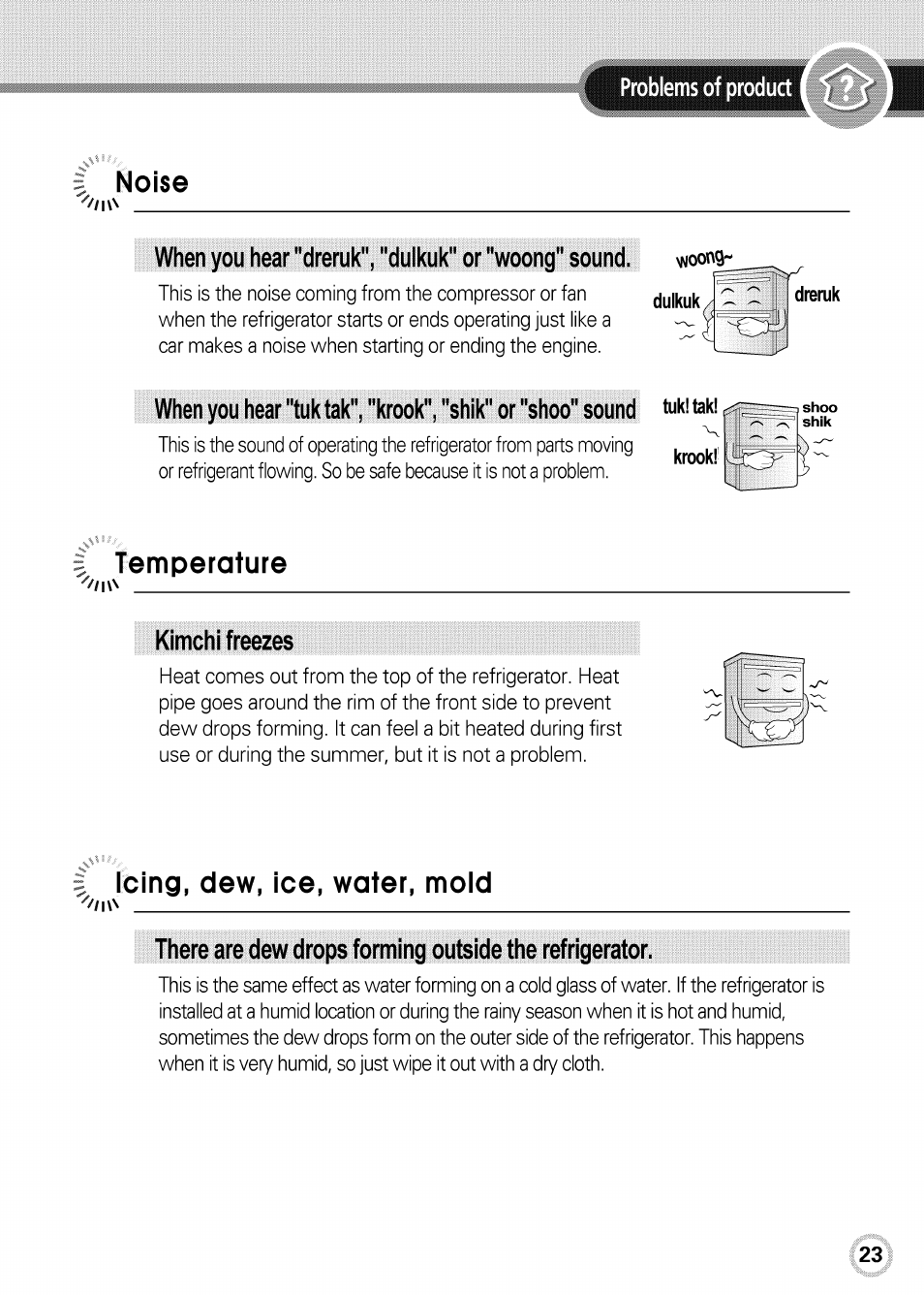 Noise, When you hear "dreruk", "dulkuk" or "woong" sound, Temperature | Kimchi freezes, Icing, dew, ice, water, mold, Problems of product | LG GR-K09S User Manual | Page 23 / 31
