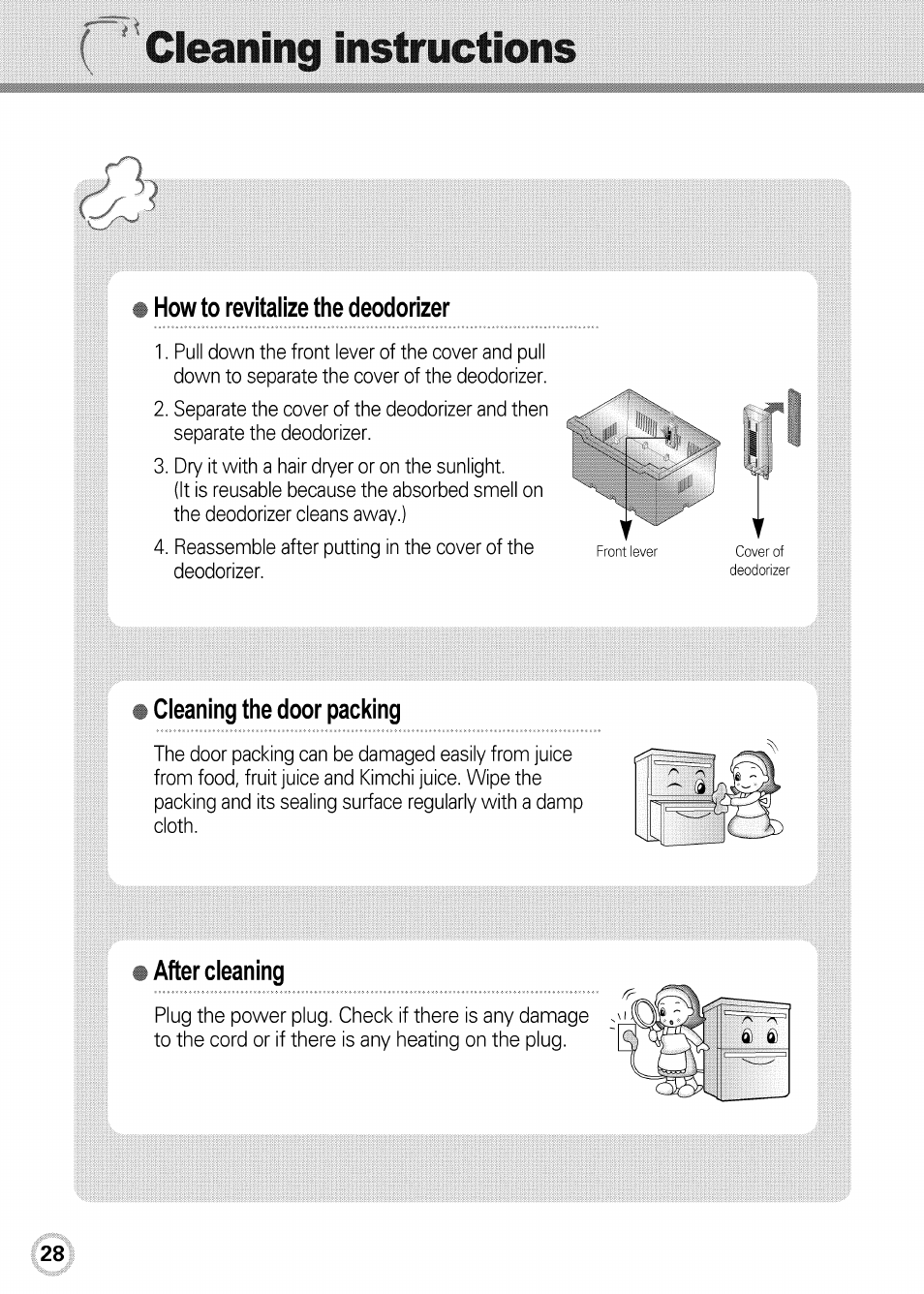 How to revitalize the deodorizer, Cleaning the door packing, After cleaning | Cleaning instructions | LG GR-K09S User Manual | Page 28 / 31