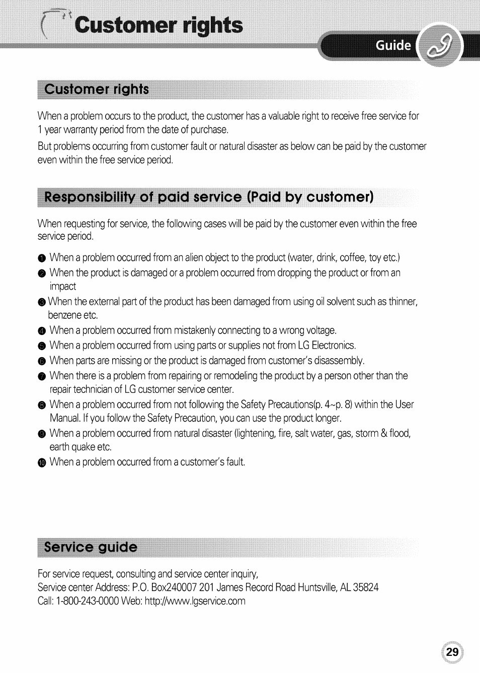 Customer rights, Service guide, Lilil | Responsibility of paid service (paid by customer) | LG GR-K09S User Manual | Page 29 / 31