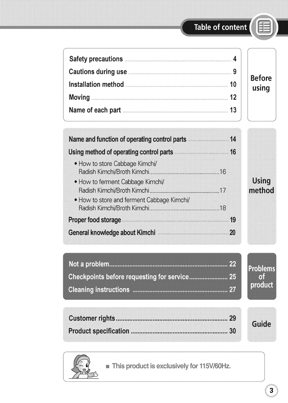 Table of content, Before using, Using method | Guide | LG GR-K09S User Manual | Page 3 / 31
