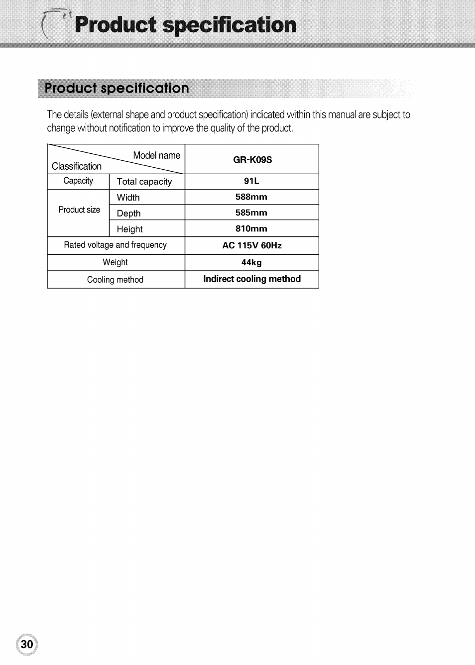 Product specification | LG GR-K09S User Manual | Page 30 / 31